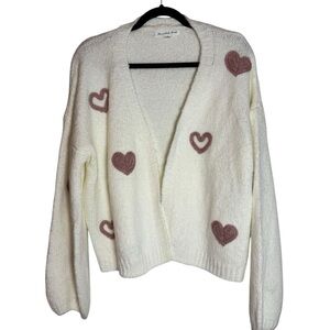 NWT Threaded Leaf White and Pink Heart Embellished Open Front XL Cardigan